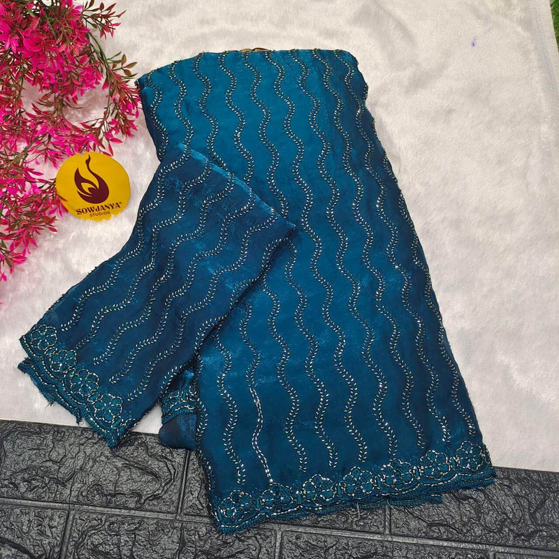 Premium Space Silk Heavy Bead Work Sarees(blue)-  BEADS