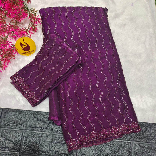 Premium Space Silk Heavy Bead Work Sarees(purple)-  BEADS