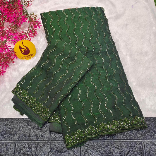 Premium Space Silk Heavy Bead Work Sarees(green)-  BEADS