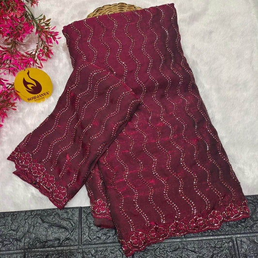 Premium Space Silk Heavy Bead Work Sarees(wine)-  BEADS