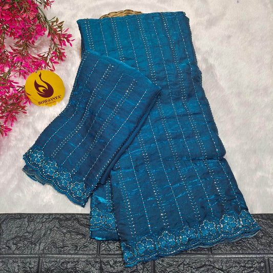 Premium Space Silk Heavy Bead Work Sarees(blue)-  BEADS