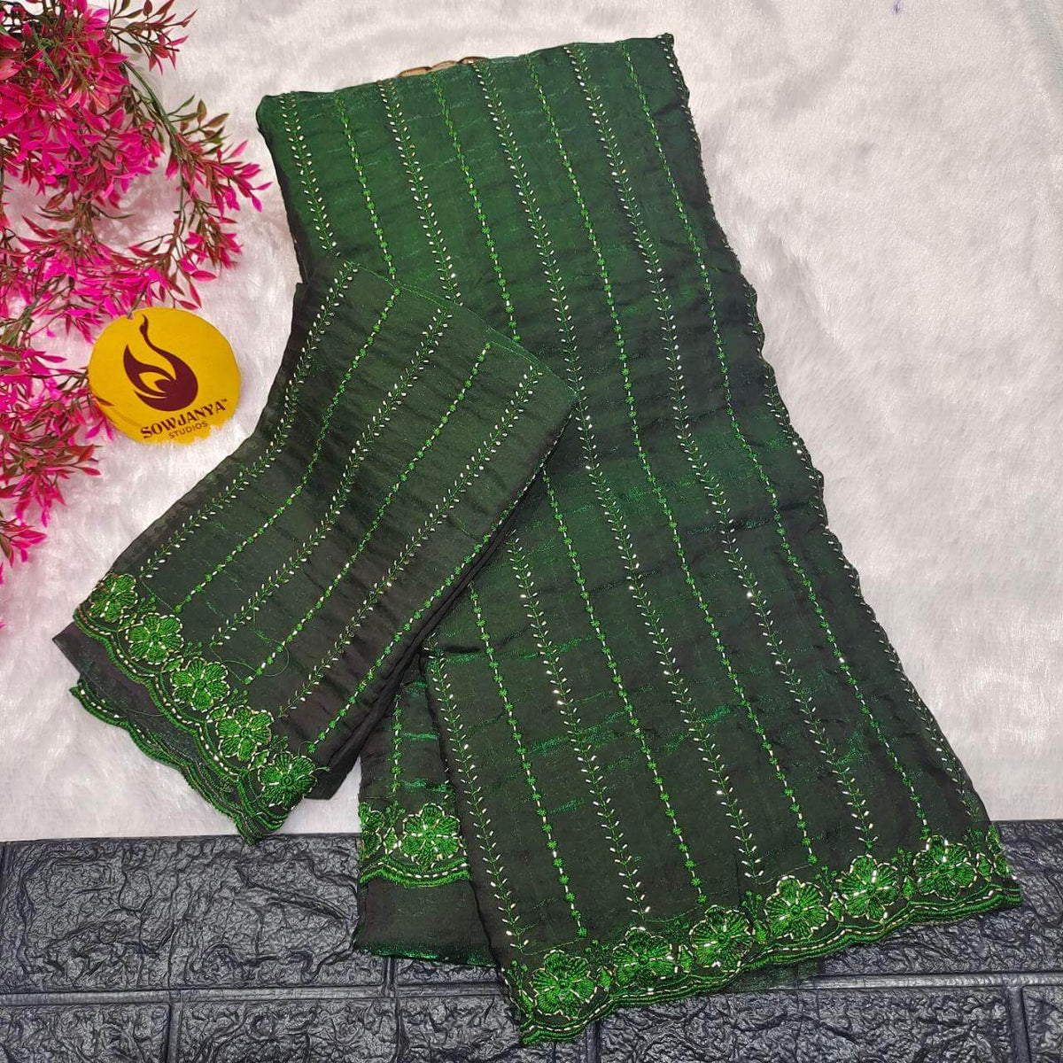Premium Space Silk Heavy Bead Work Sarees(green)-  BEADS