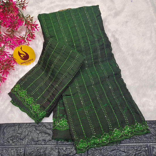 Premium Space Silk Heavy Bead Work Sarees(green)-  BEADS