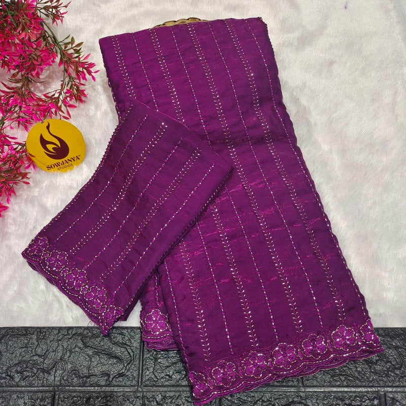 Premium Space Silk Heavy Bead Work Sarees(purple)-  BEADS