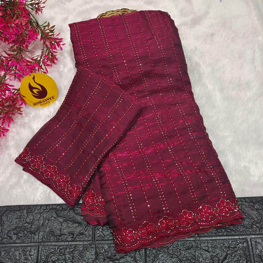 Premium Space Silk Heavy Bead Work Sarees(wine)-  BEADS