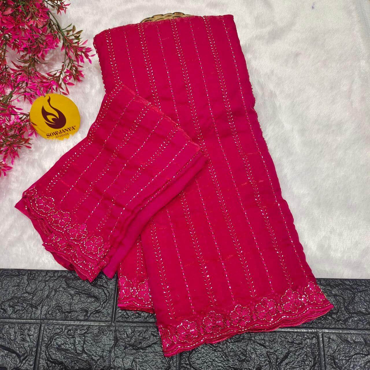 Premium Space Silk Heavy Bead Work Sarees(redish pink)-  BEADS