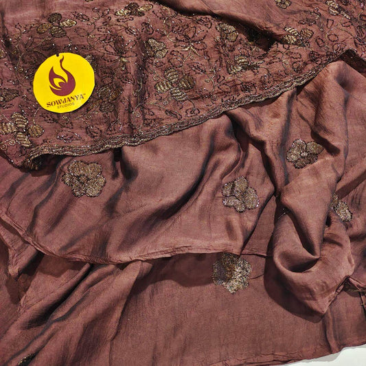 Premium Crush Saree with Heavy Beads Work  - CHOCO