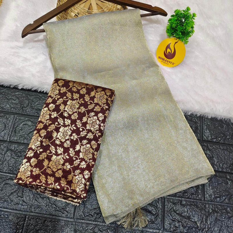 Tissue With allover Embose Design Saree(brown blouse) - SSTIS