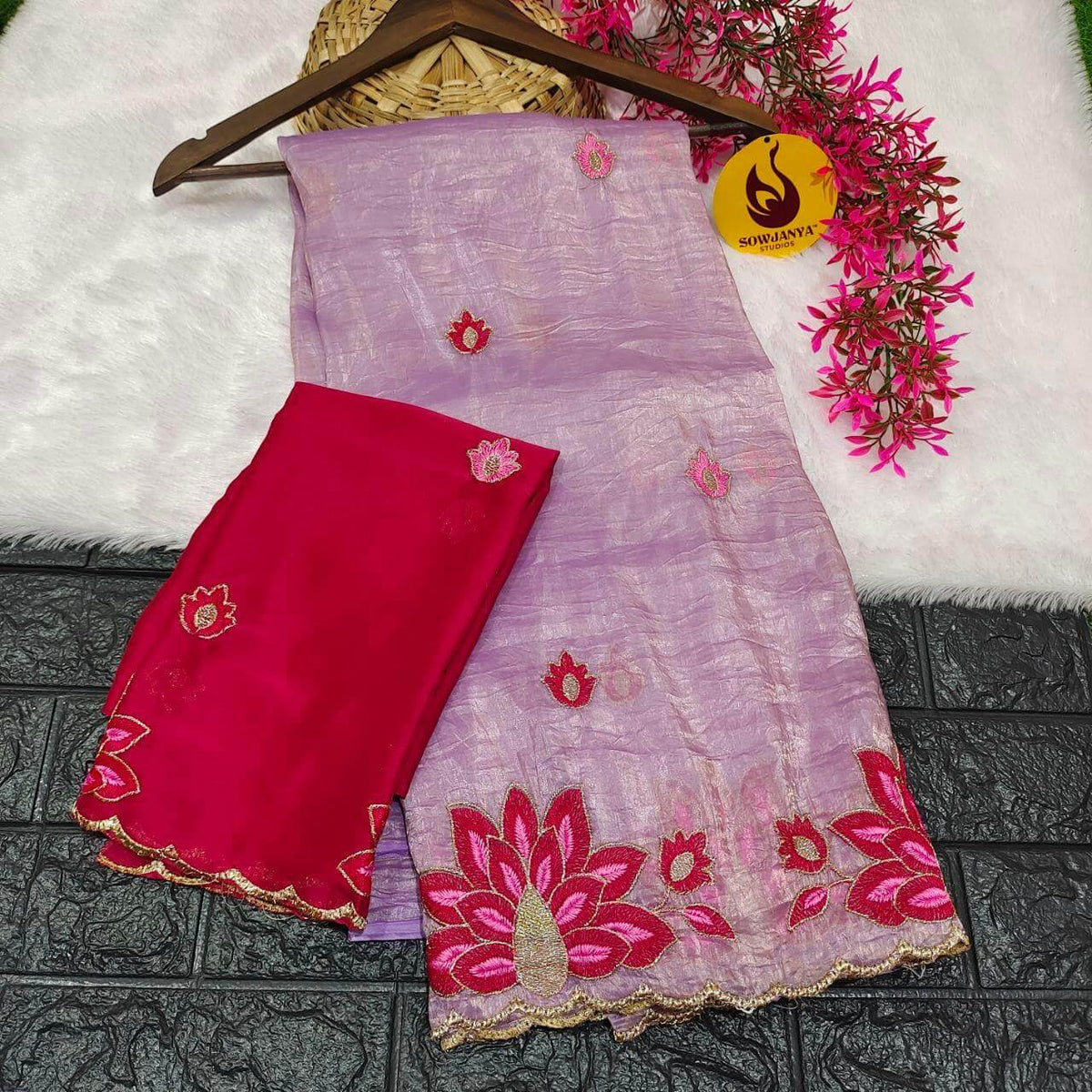 Paper Tissue Saree With Emboridery Work Design- PAPER
