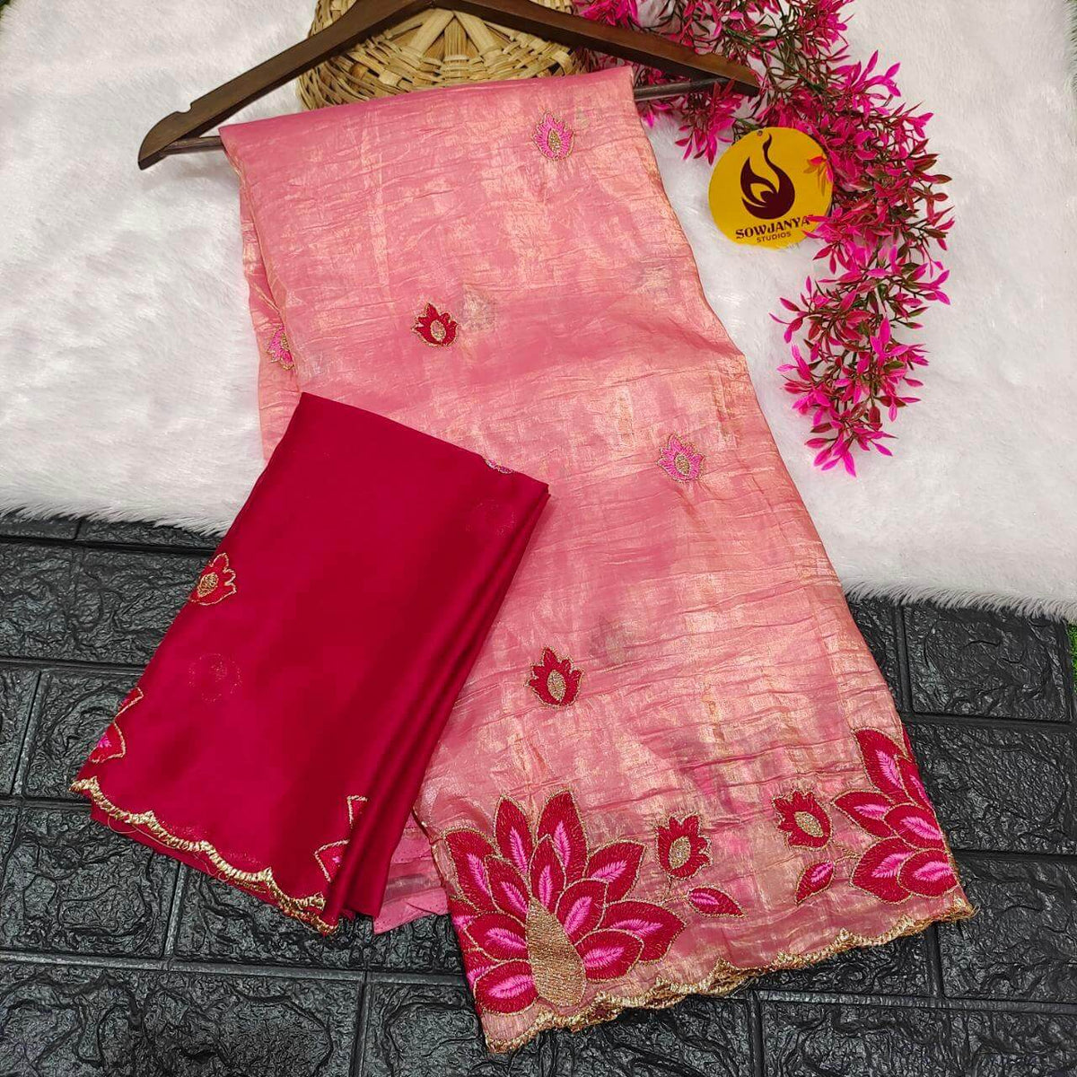 Paper Tissue Saree With Emboridery Work Design(peach) - PAPER