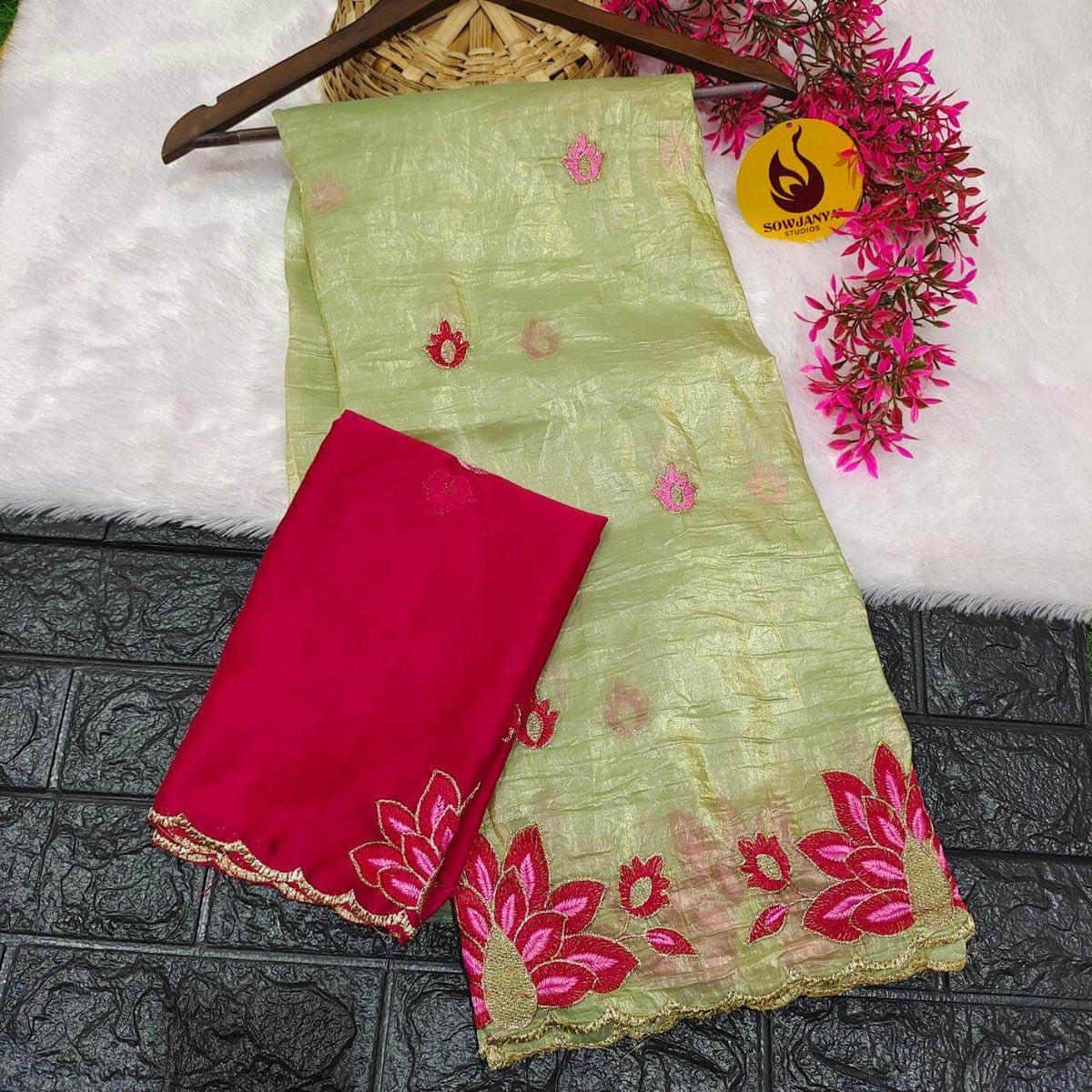 Paper Tissue Saree With Emboridery Work Design- PAPER