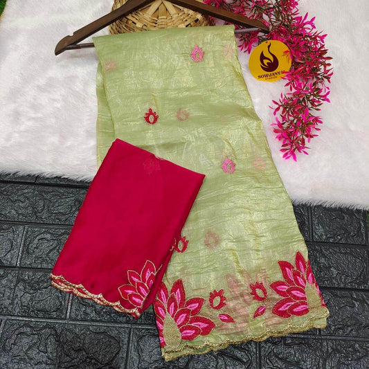 Paper Tissue Saree With Emboridery Work Design- PAPER