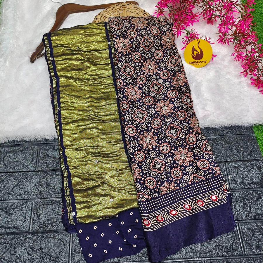 PURE Model Silk original Ajrakh Saree With Original Mirrors - PAJRAK
