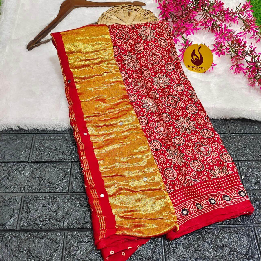 PURE Model Silk original Ajrakh Saree With Original Mirrors(red) - PAJRAK