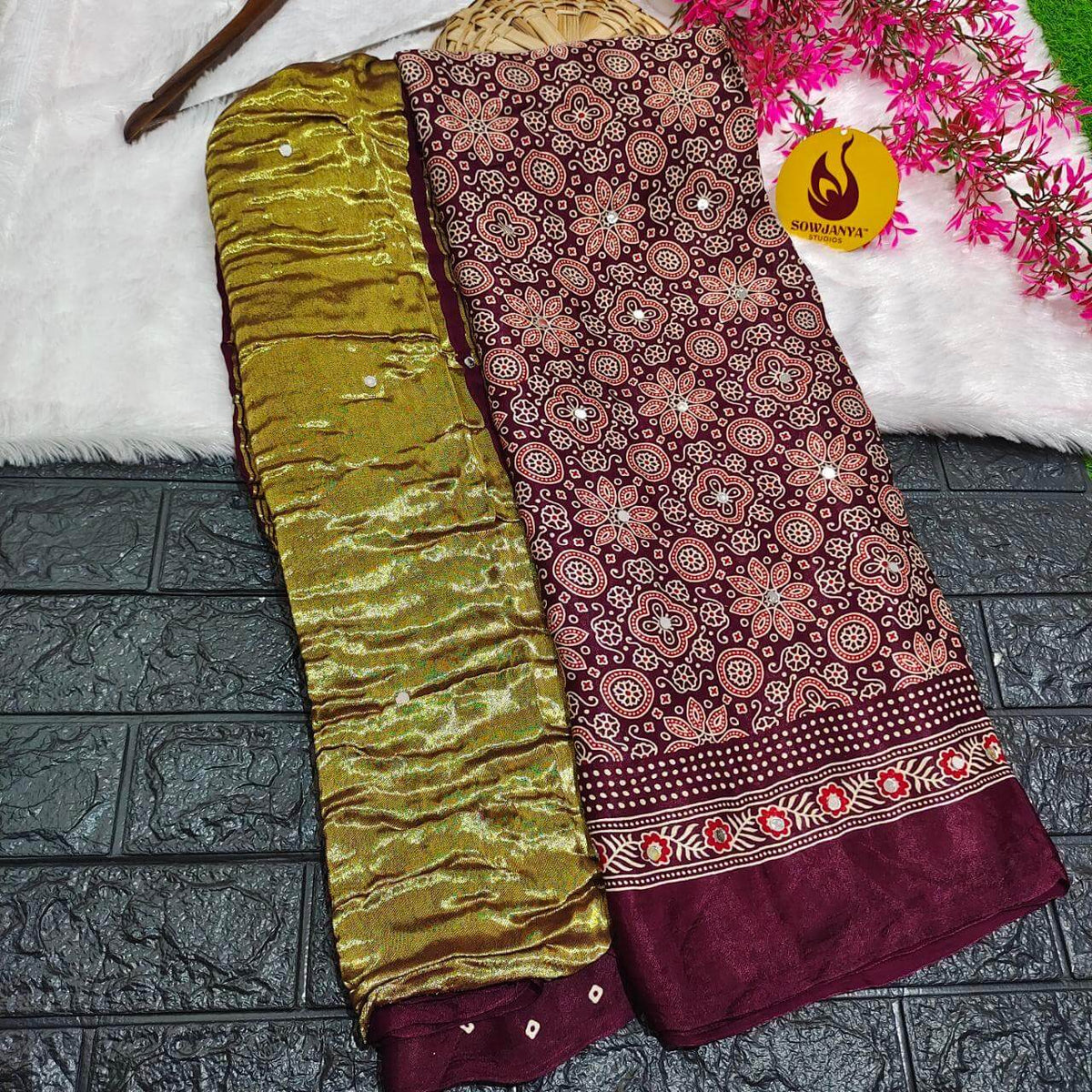 PURE Model Silk original Ajrakh Saree With Original Mirrors - PAJRAK