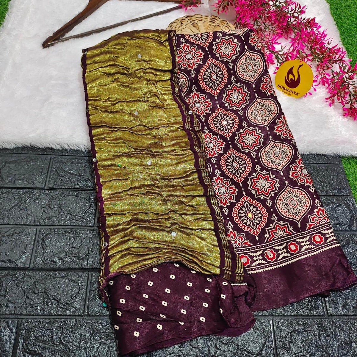 PURE Model Silk original Ajrakh Saree With Original Mirrors (coffee wine) - PAJRAK