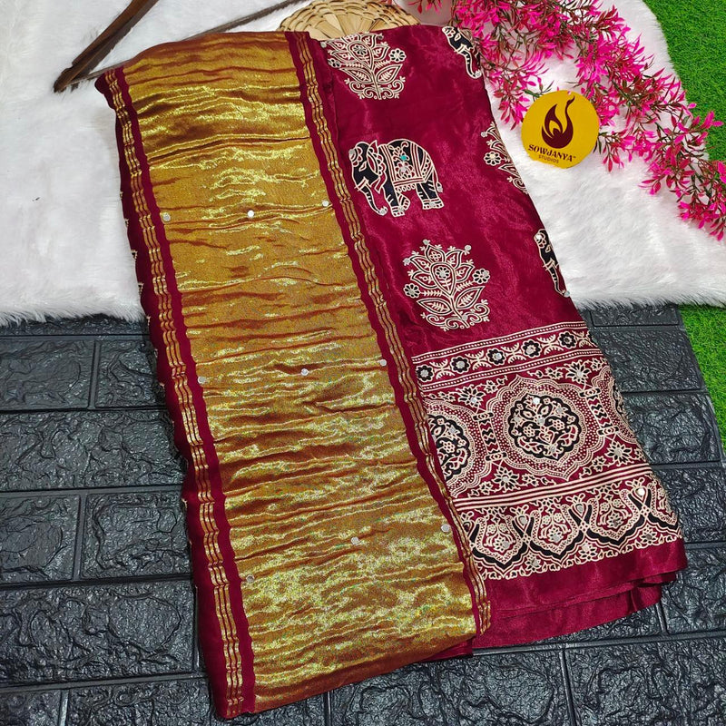 PURE Model Silk original Ajrakh Saree With Original Mirrors (maroon) - PAJRAK