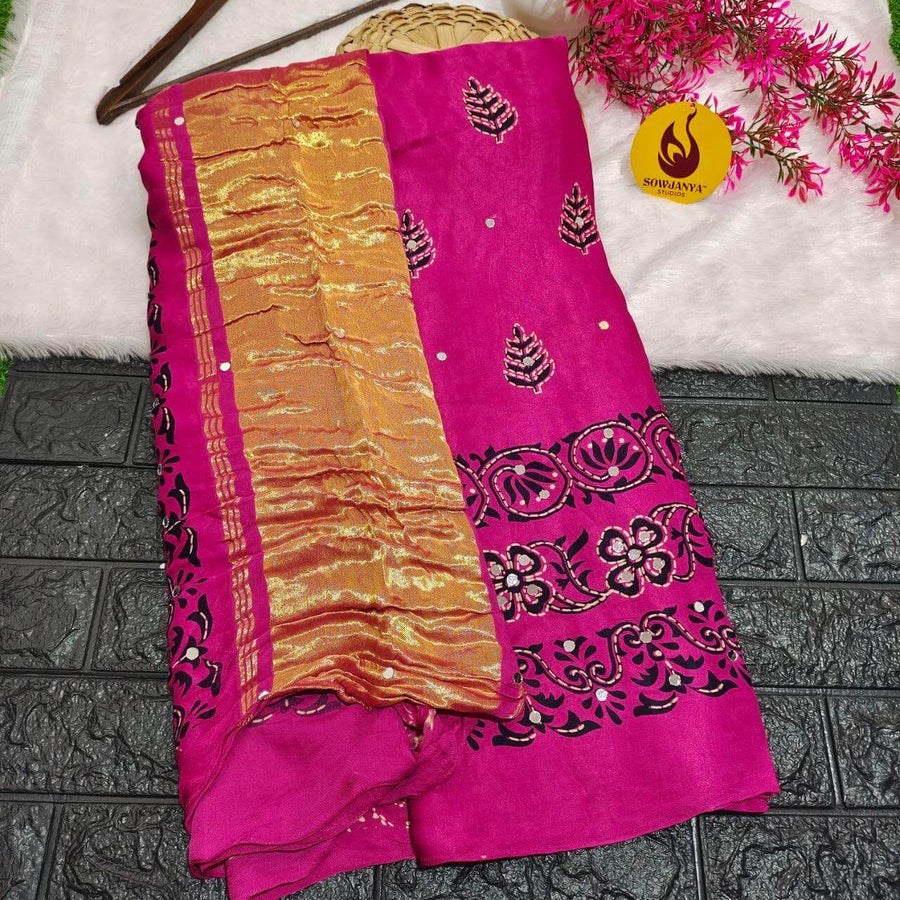 PURE Model Silk original Ajrakh Saree With Original Mirrors - PAJRAK