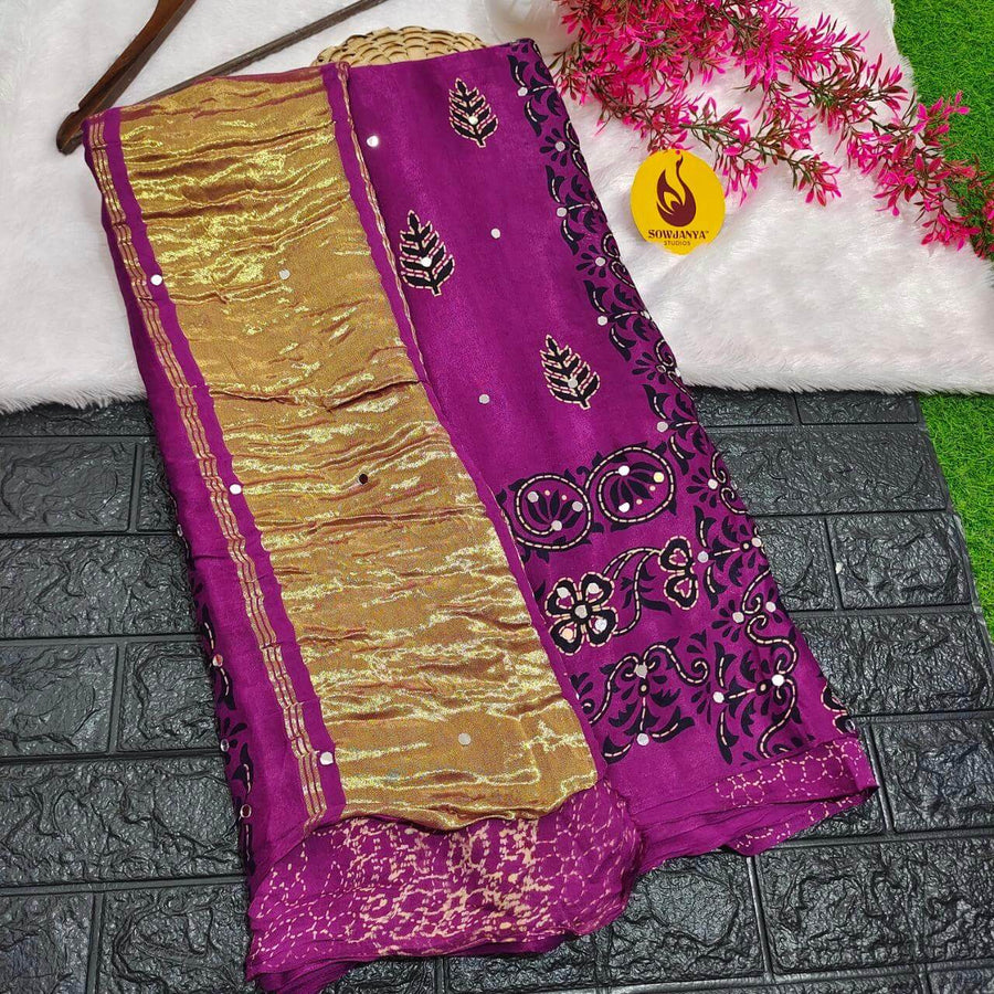 PURE Model Silk original Ajrakh Saree With Original Mirrors - PAJRAK