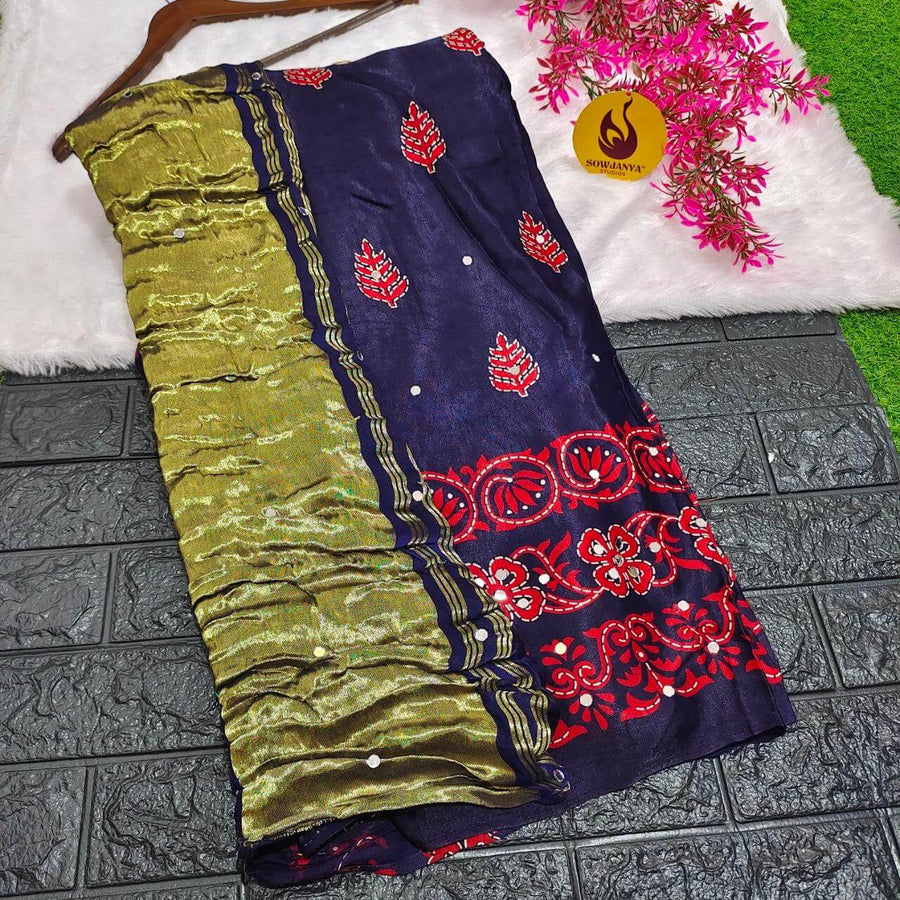 PURE Model Silk original Ajrakh Saree With Original Mirrors - PAJRAK