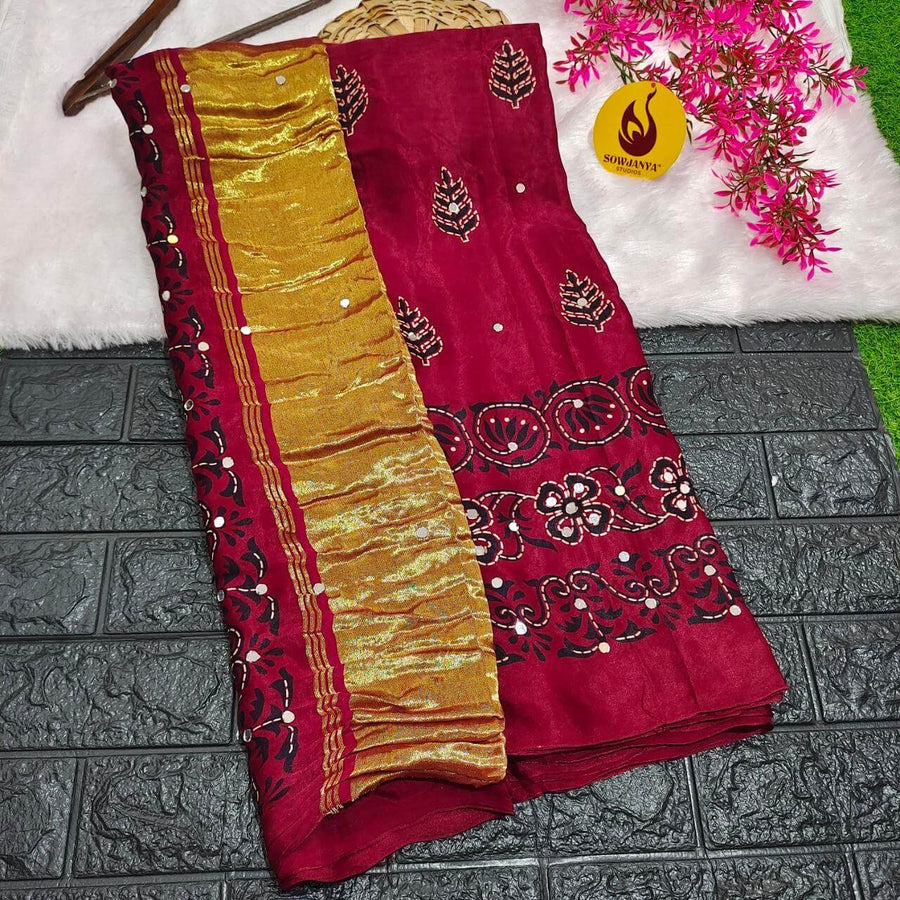 PURE Model Silk original Ajrakh Saree With Original Mirrors(maroon) - PAJRAK
