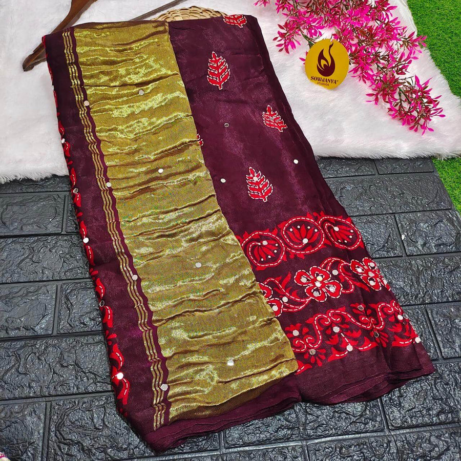 PURE Model Silk original Ajrakh Saree With Original Mirrors - PAJRAK