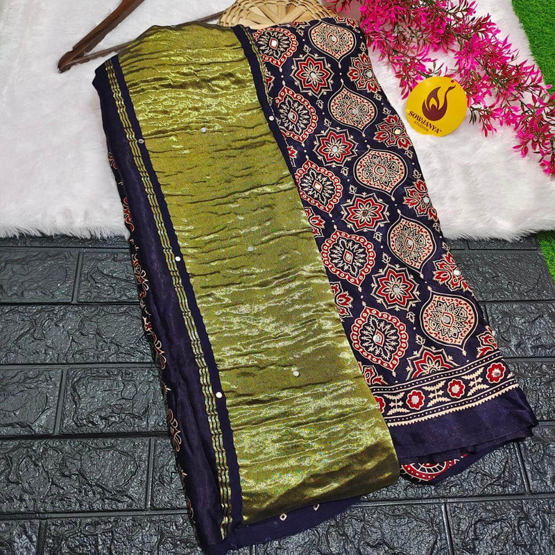 PURE Model Silk original Ajrakh Saree With Original Mirrors (navy blue) - PAJRAK