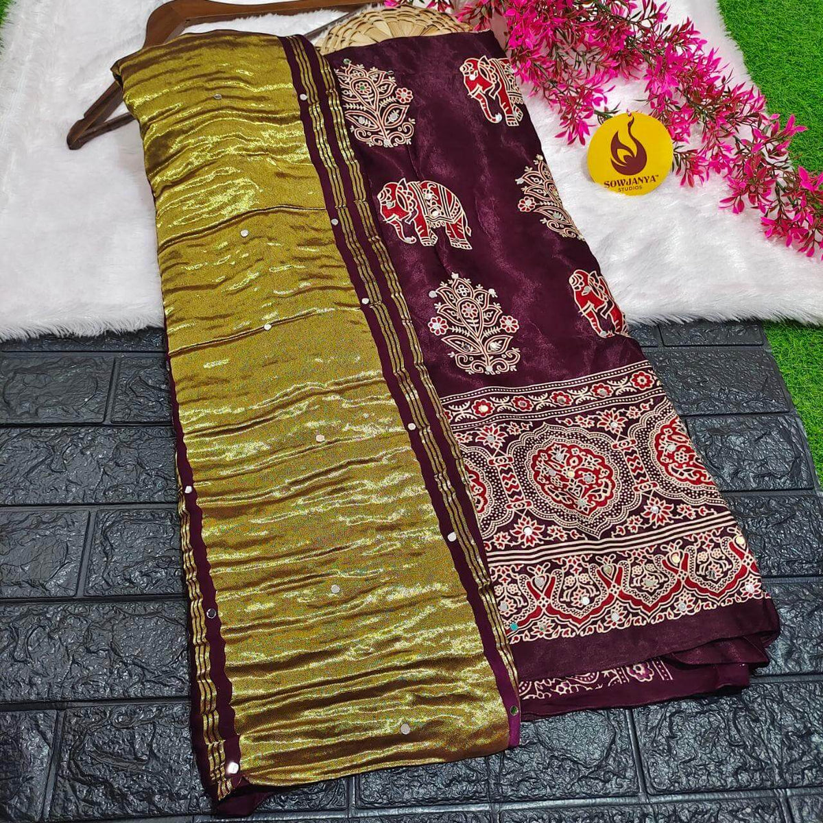 PURE Model Silk original Ajrakh Saree With Original Mirrors (coffee) - PAJRAK