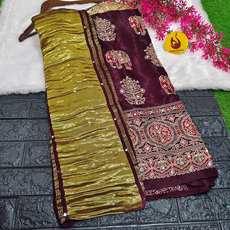 PURE Model Silk original Ajrakh Saree With Original Mirrors (coffee) - PAJRAK