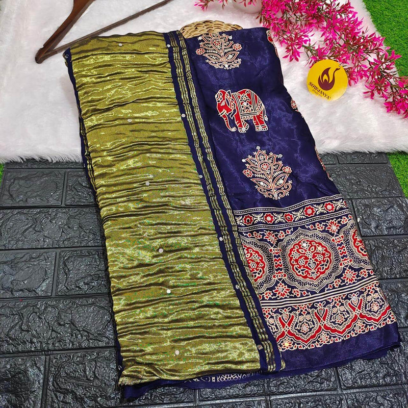 PURE Model Silk original Ajrakh Saree With Original Mirrors (blue) - PAJRAK