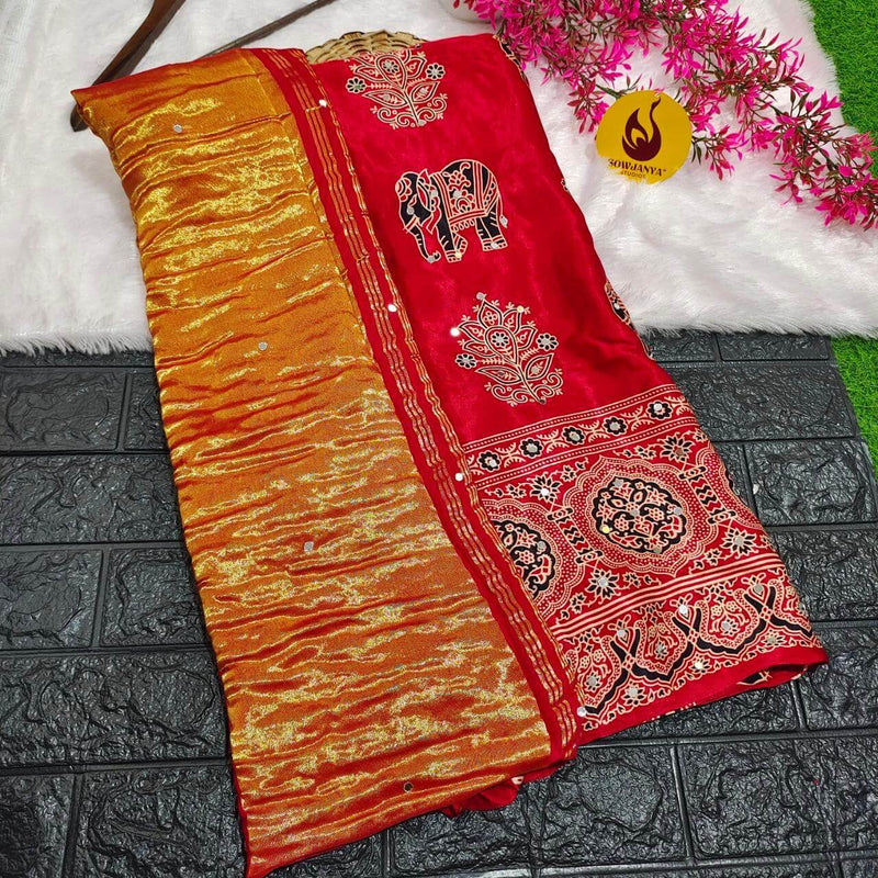 PURE Model Silk original Ajrakh Saree With Original Mirrors (red) - PAJRAK