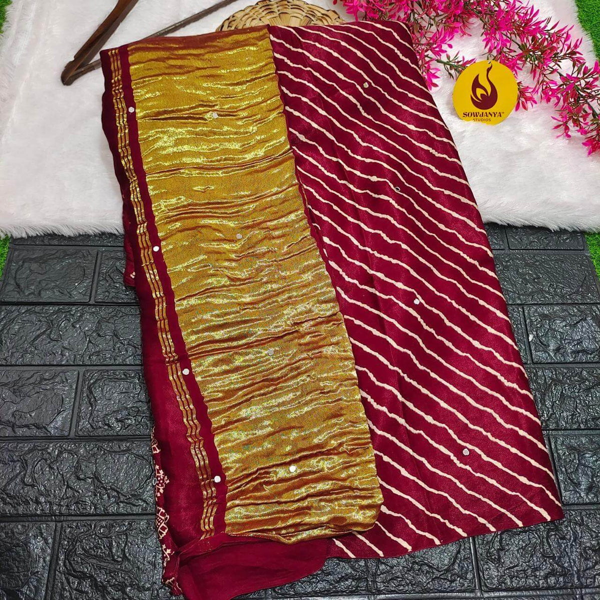 PURE Model Silk original Ajrakh Saree With Original Mirrors (maroon)- PAJRAK