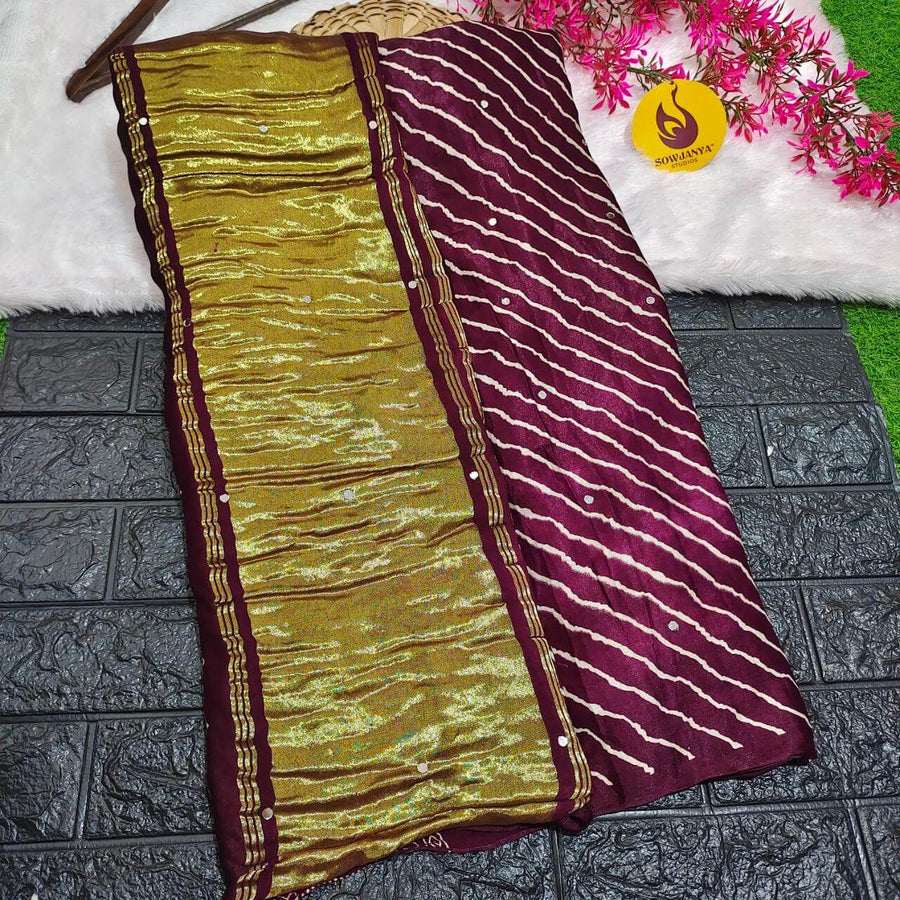 PURE Model Silk original Ajrakh Saree With Original Mirrors(wine) - PAJRAK
