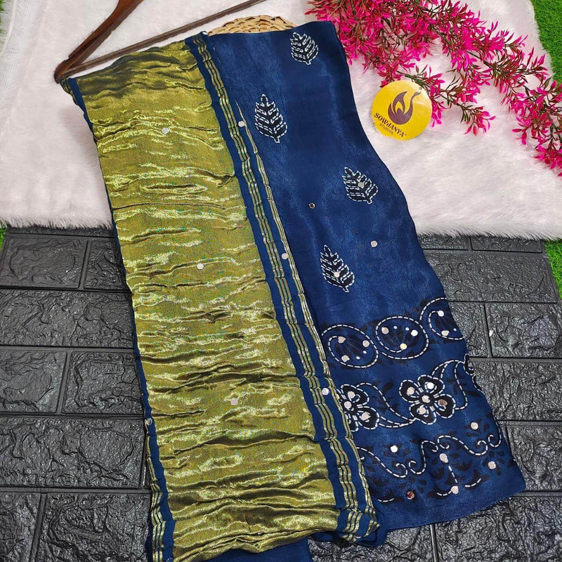 PURE Model Silk original Ajrakh Saree With Original Mirrors - PAJRAK