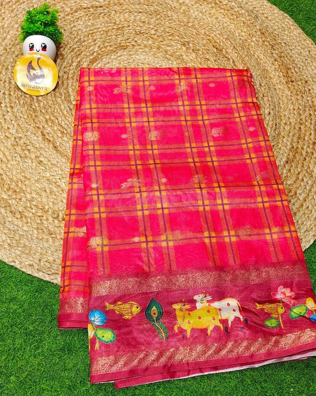 Trendy Check Pattern Sarees With Pathani Style Border - SSCHK1