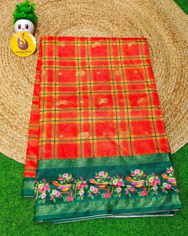 Trendy Check Pattern Sarees With Pathani Style Border - SSCHK2