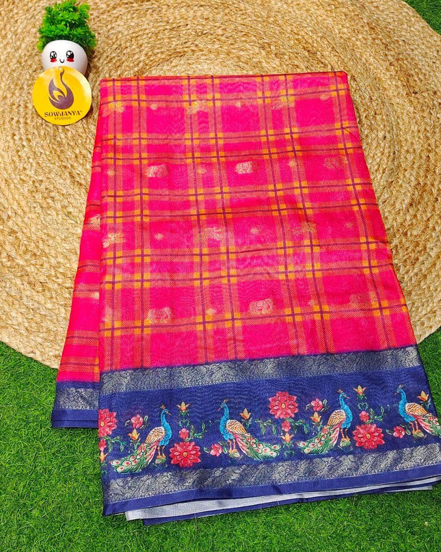 Trendy Check Pattern Sarees With Pathani Style Border - SSCHK5