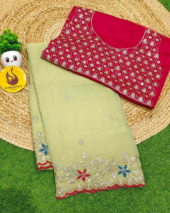 Premium Space Silk Embroidery Sarees with Bead Work - SSPBD2