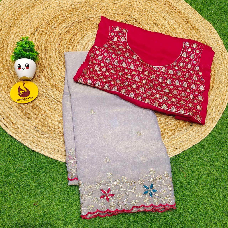 Premium Space Silk Embroidery Sarees with Bead Work - SSPBD5
