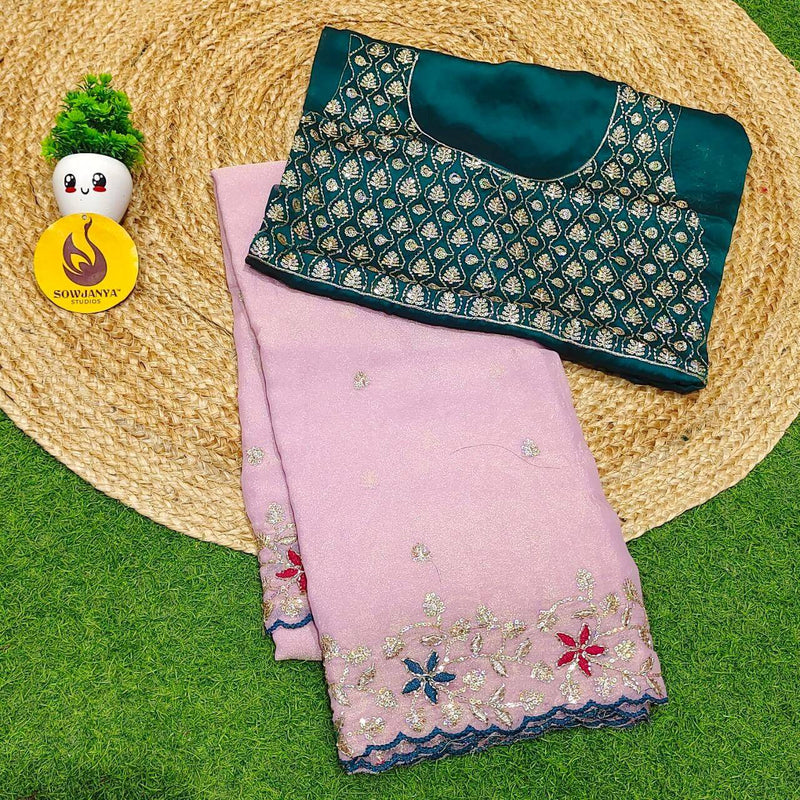 Premium Space Silk Embroidery Sarees with Bead Work - SSPBD4