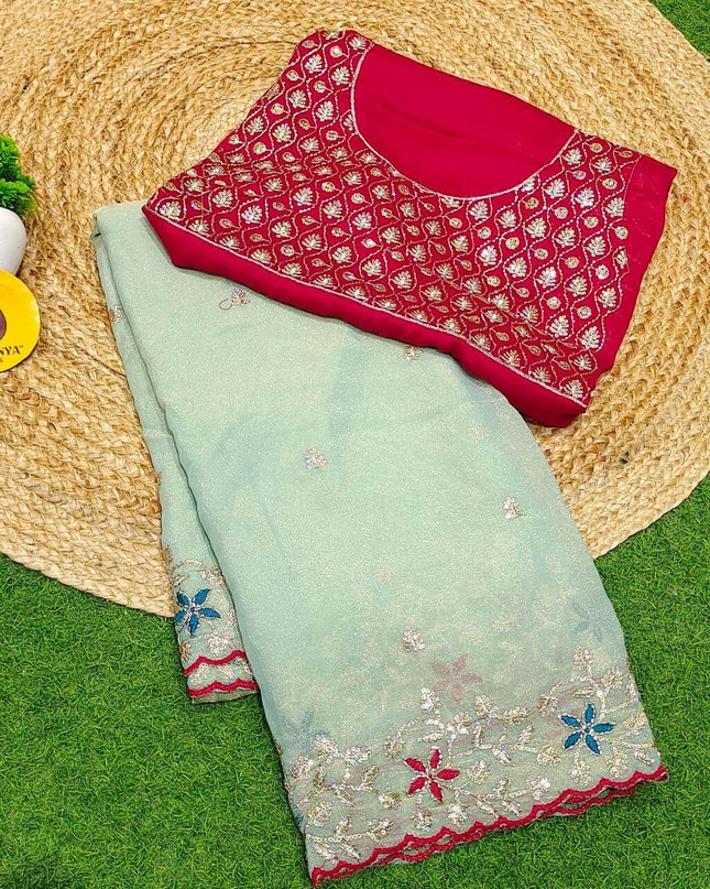Premium Space Silk Embroidery Sarees with Bead Work - SSPBD3