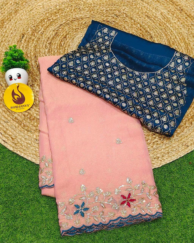 Premium Space Silk Embroidery Sarees with Bead Work - SSPBD1