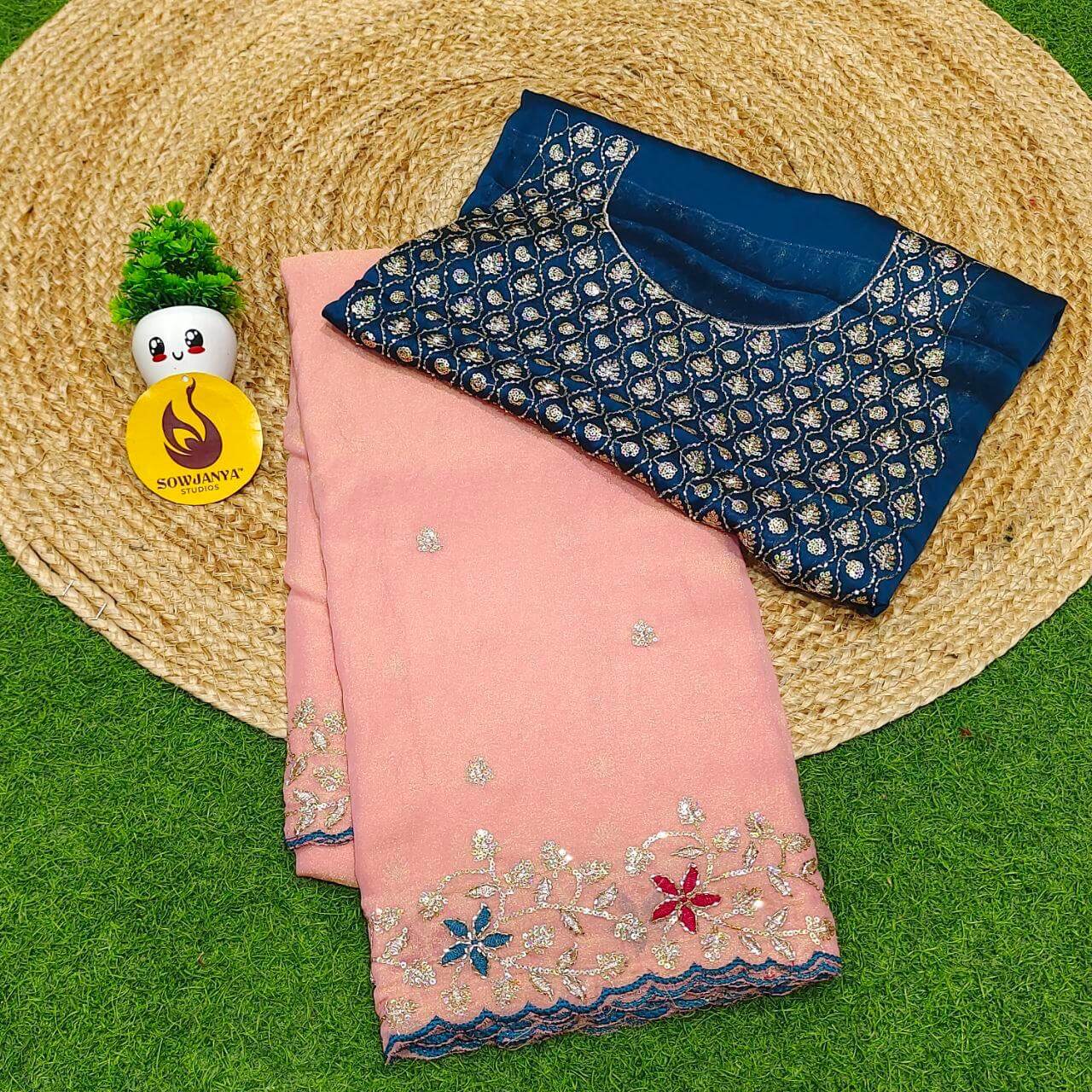 Premium Space Silk Embroidery Sarees with Bead Work - SSPBD1