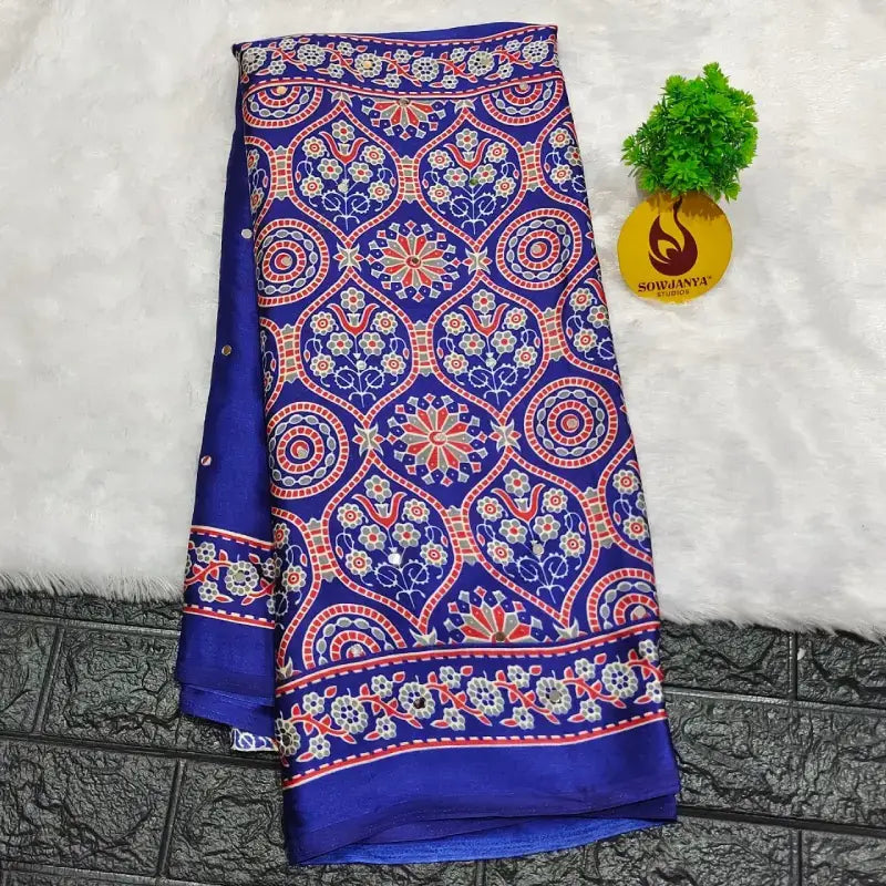 Japan Satin Crape Original Mirror Sarees(navy blue)49 - AJRAK