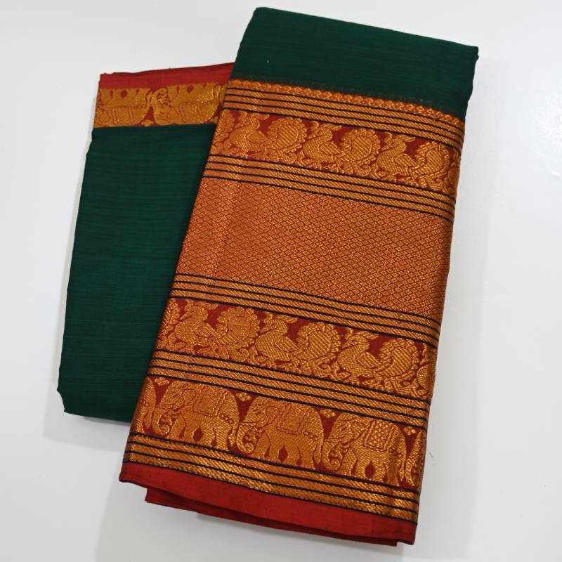 Buy handloom narayanpet cotton big border saree- Green with Red Border