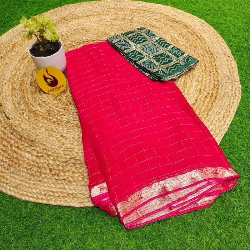 Designer Viscose Georgette Chex Sarees- SSVHX1(Pinkish Red)