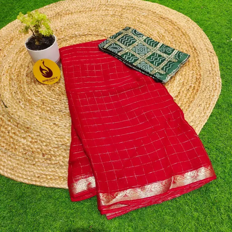 Designer Viscose Georgette Chex Sarees- SSVHX4(red)